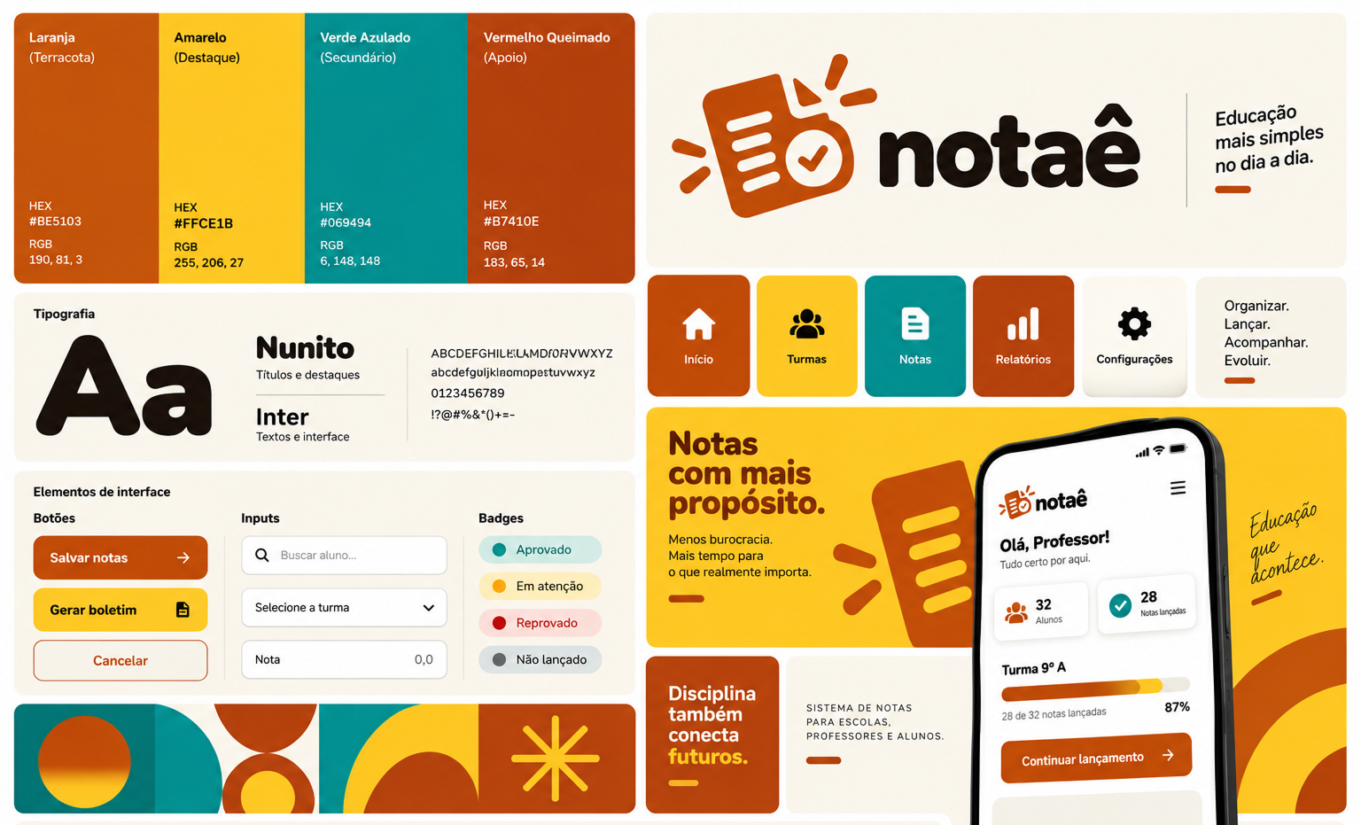 Prancha de identidade visual e interface do projeto Notaê