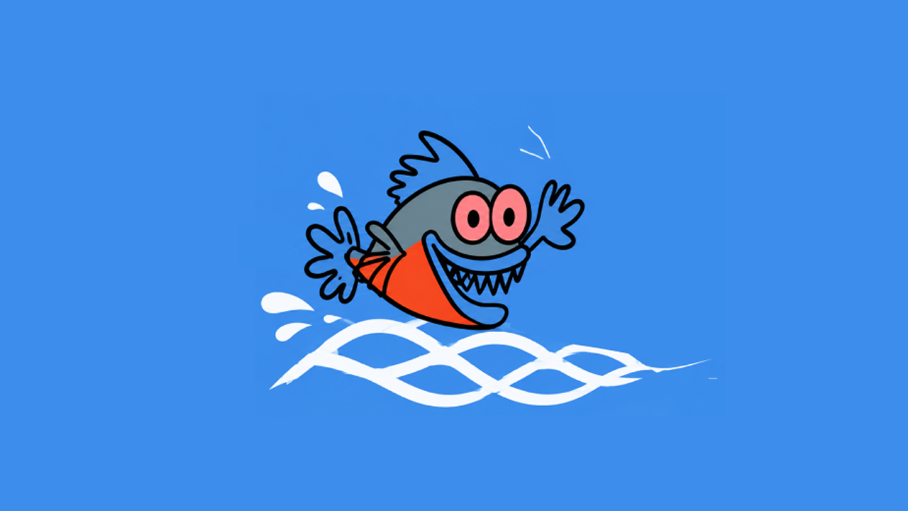 Personagem do projeto Pirania sobre fundo azul